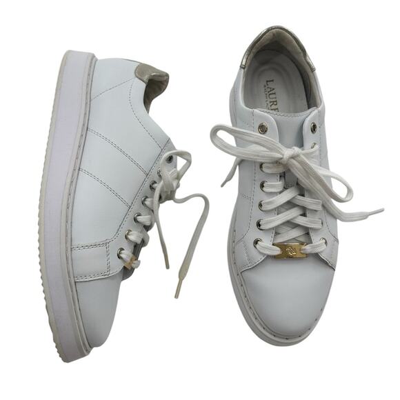 Lauren Ralph Lauren White Angeline IV Action Leather Sneakers Gold Accents Sz 9